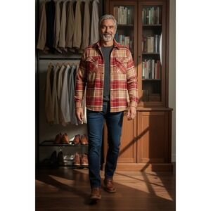 Columbia Mens Plaid Flannel Button Down Shirt Red Tan Roll Tab Sleeve XL XL4532